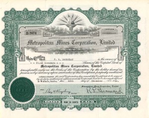 Metropolitan Mines Corporation, Limited - Stock Certificate